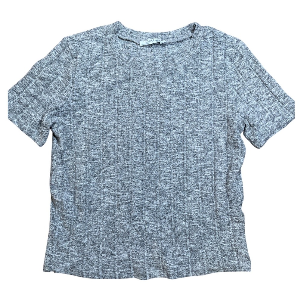 ZARA Trafaluc Ribbed Knit Crew Neck Short Sleeve Top Gray Women's Size Small